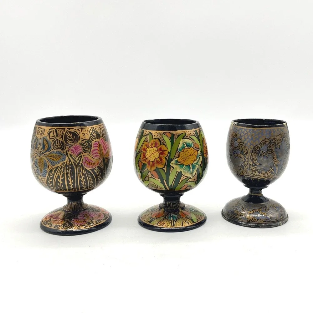 Vintage Hand Painted Floral Lacquerware Goblets Set of 3 Black Gold Decorative